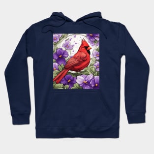 Cardinal Bird Surrounded By Violet Viola Flower Border Hoodie